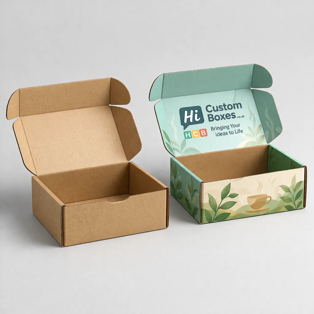 Custom corrugated tea mailer boxes in brown kraft and a bespoke green botanical printed design. class=